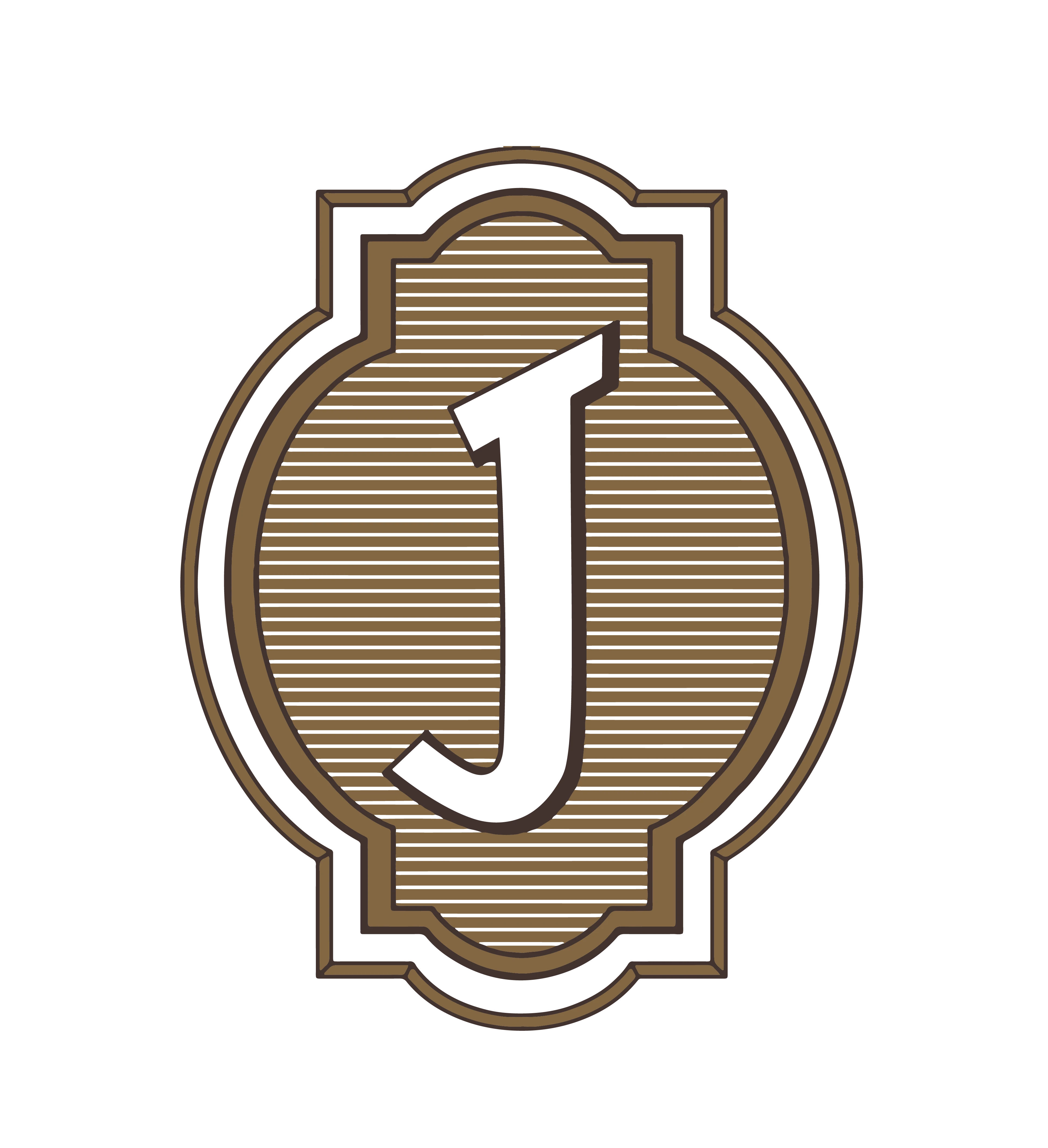 This is a stylized letter "J" within an ornate frame with horizontal lines, colored in brown and black.